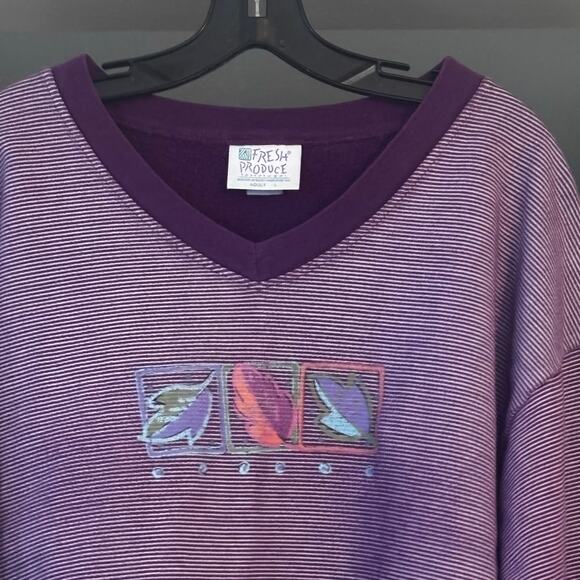 Fresh Produce V-neck Sweatshirt Purple Stripe L 100% Cotton Long Sleeve Beachy - Picture 2 of 11